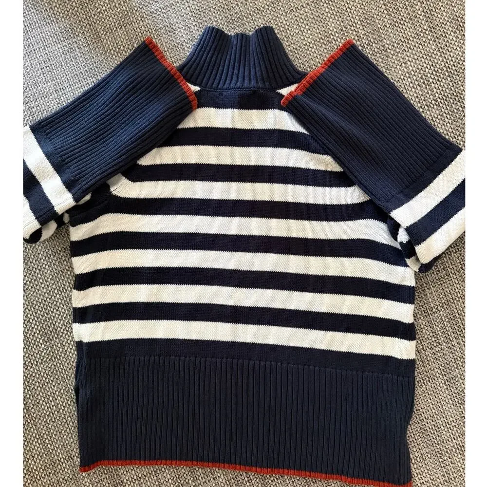 FREE ASSEMBLY 100% Cotton Navy Cream Striped Ribbed Turtleneck Sweater S Coastal - Picture 3 of 6
